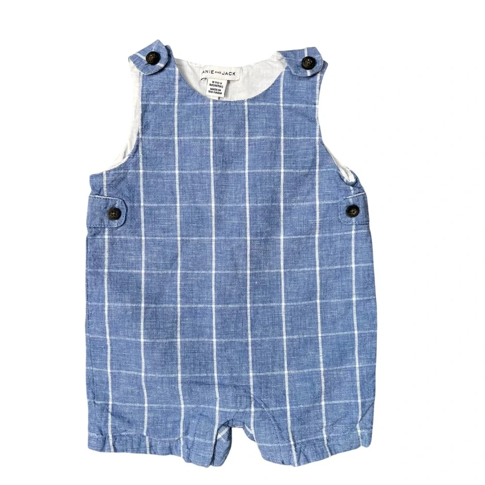 Janie and Jack Blue Windowpane‎ Plaid Linen Blend Romper Shortall 0-3 Months